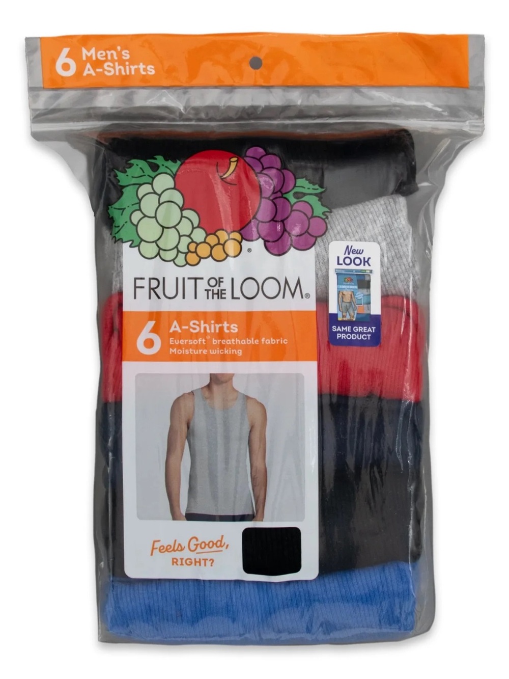 Fruit of the Loom Men's A-Shirts Pack - Black, Red, Blue, Gray